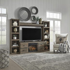 Signature Design by Ashley Trinell Media Pier, 72-Inch Rustic Bookcase | Durable engineered wood, Rustic replicated oak grain, 4 spacious shelves (3 adjustable), Versatile narrow bookshelf