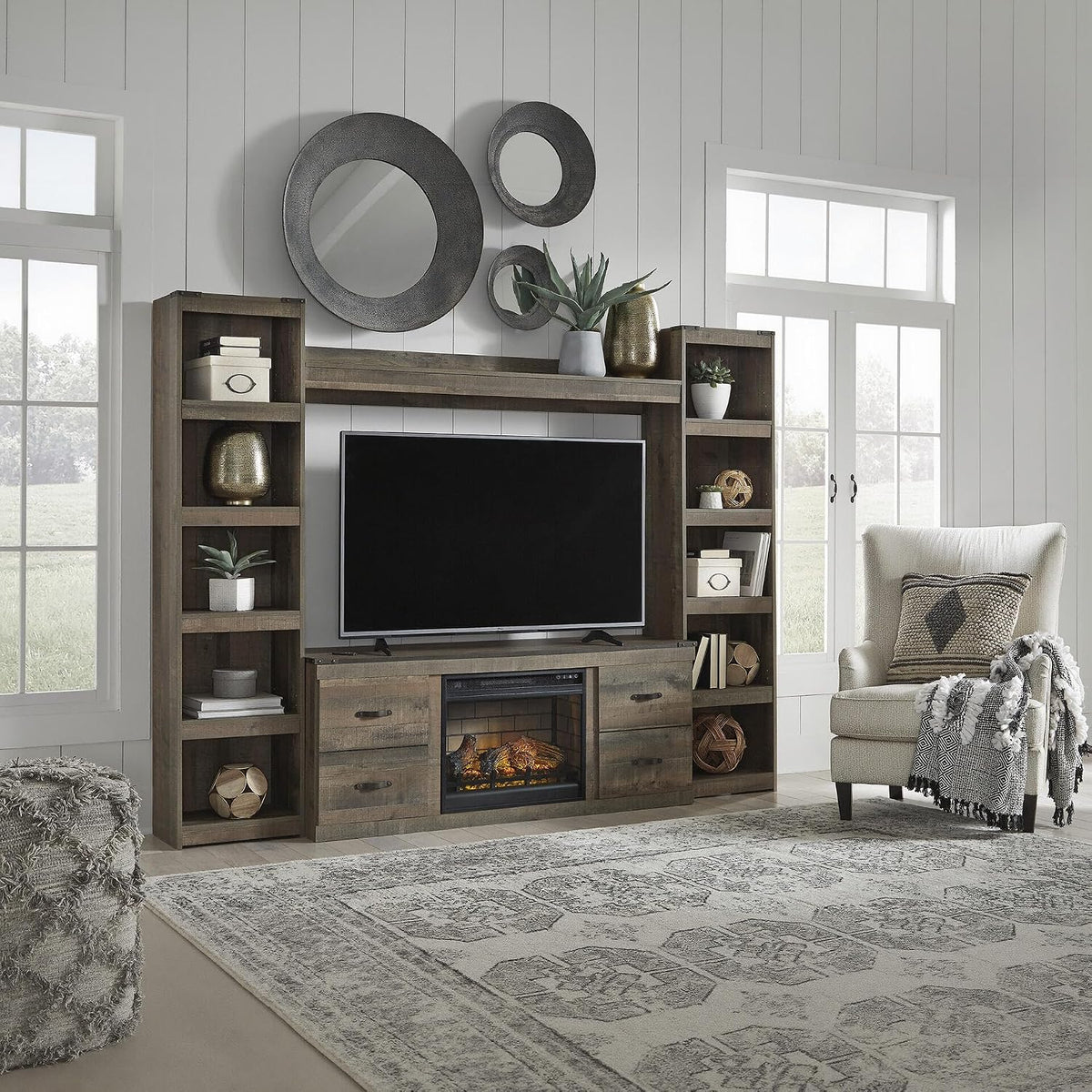 Signature Design by Ashley Trinell Media Pier, 72-Inch Rustic Bookcase | Durable engineered wood, Rustic replicated oak grain, 4 spacious shelves (3 adjustable), Versatile narrow bookshelf