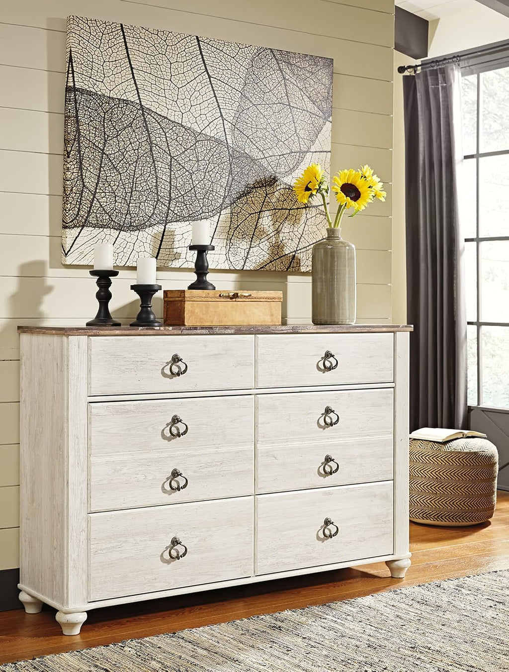 Signature Design by Ashley Willowton 6-Drawer Coastal Dresser, Whitewash | 6 drawer capacity, Coastal farmhouse style, Textured whitewash finish, Driftwood plank effect top, ASTM F 2057 compliant