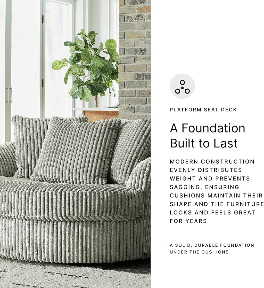 Signature Design by Ashley Lindyn Oversized Round Swivel Accent Chair, Fog | Plush textured cord upholstery, Sag-resistant platform foundation, Reversible seat cushion, No assembly required