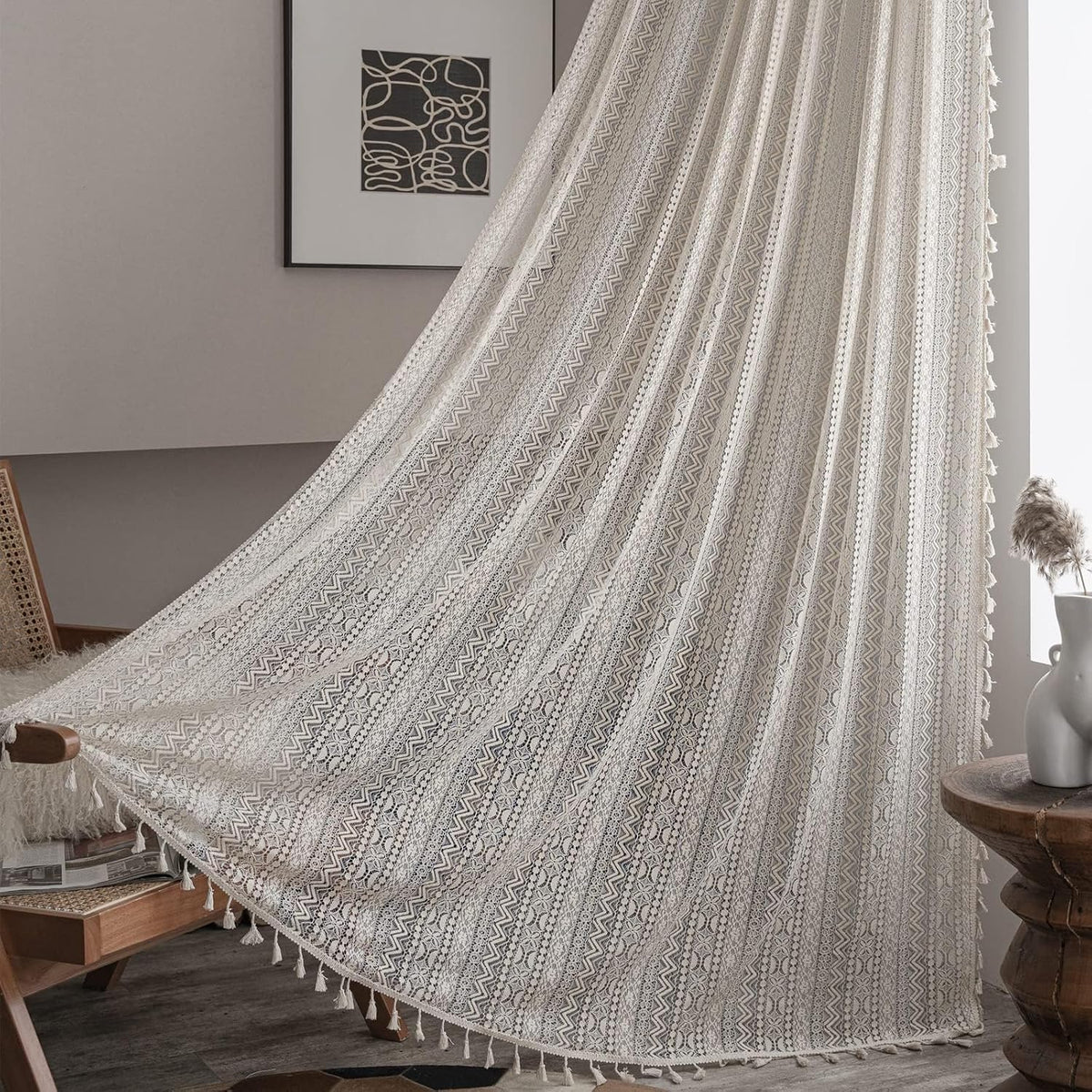 Sutuo Home Boho Curtain Crochet Lace Semi-Sheer Florals Hollow Knitted Handmade Tassels, Rod Pocket Window Treatment Vintage Rustic Farmhouse Drapes for Living Bedroom, 1 Panel 59" W x 84" L, Beige