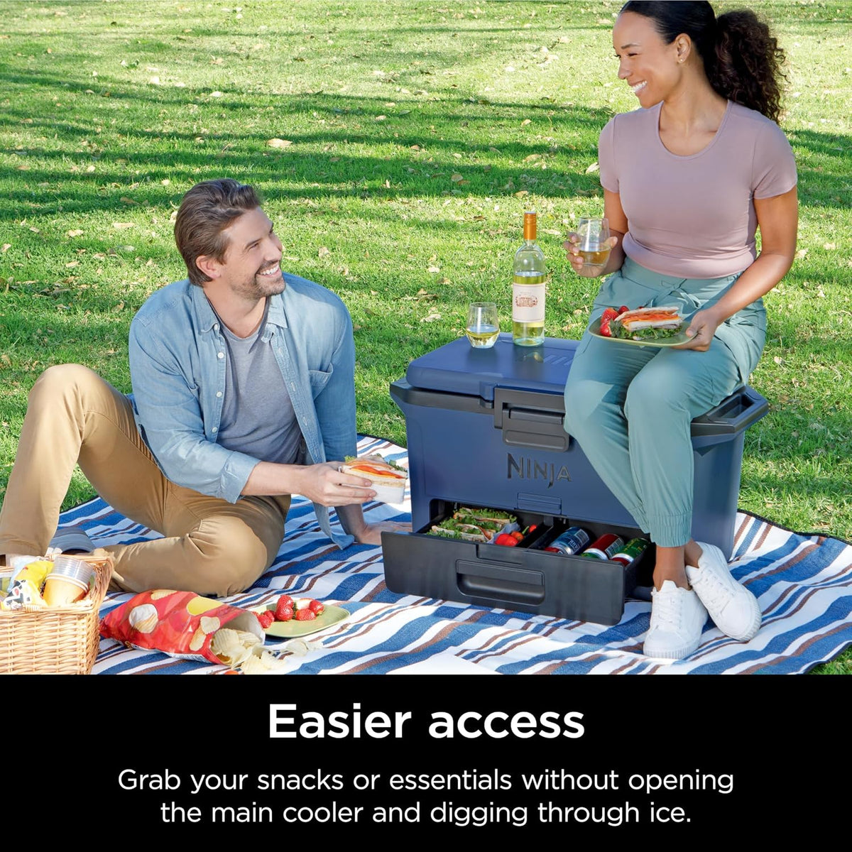 Ninja FrostVault 50qt Hard Cooler, Storage Drawer, Lakeshore Blue FB151BL | Ninja FrostVault keeps food cool, dry & separate under 40°F for days, with 50-qt capacity holding up to 80 cans