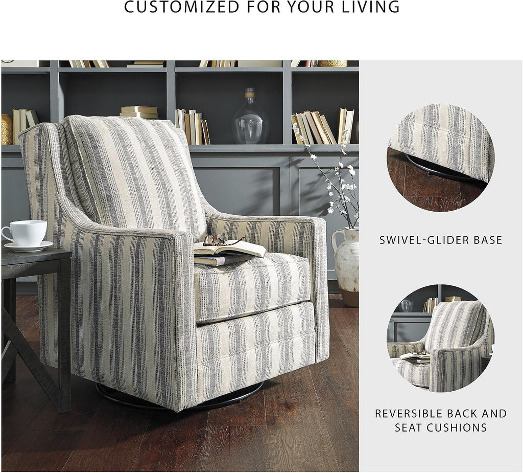 Signature Design by Ashley Kambria Swivel Glider Accent Chair, Ivory/Black | Pre-assembled convenience, 360-degree metal swivel glider base, Durable spot-cleanable polyester-linen blend fabric