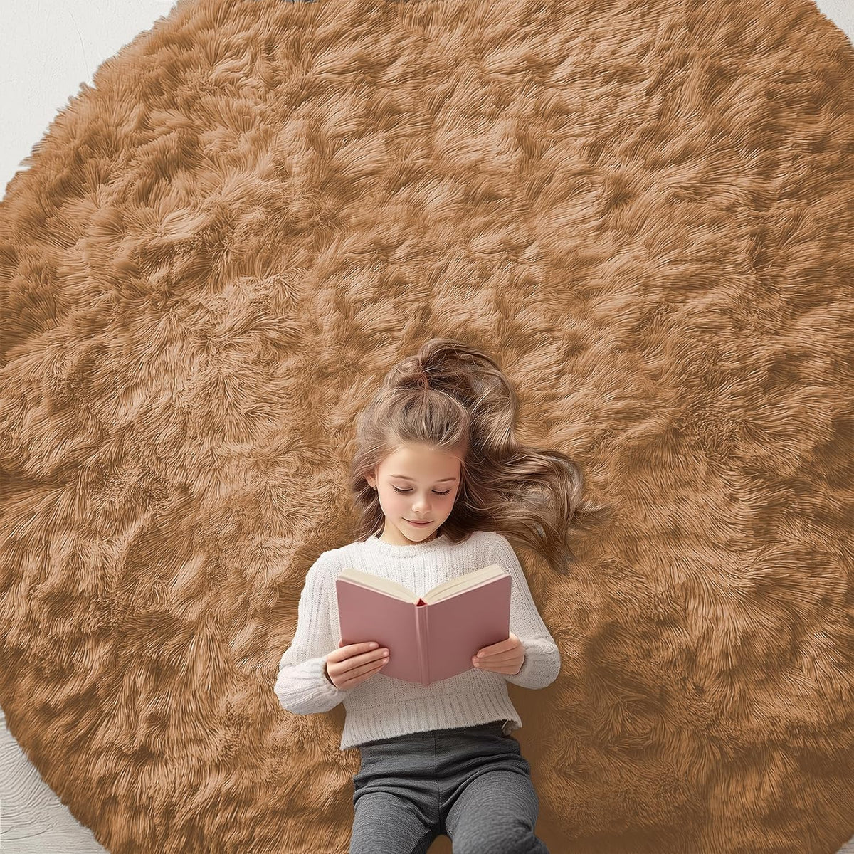 OLANLY Beige Round Rugs for Bedroom - Machine Washable, 4 ft Circle Area Rugs for Living Room, Soft and Fluffy Shaggy Carpet for Teen Girls and Boys, Nursery Rooms, Dorms, Home Decor Aesthetic