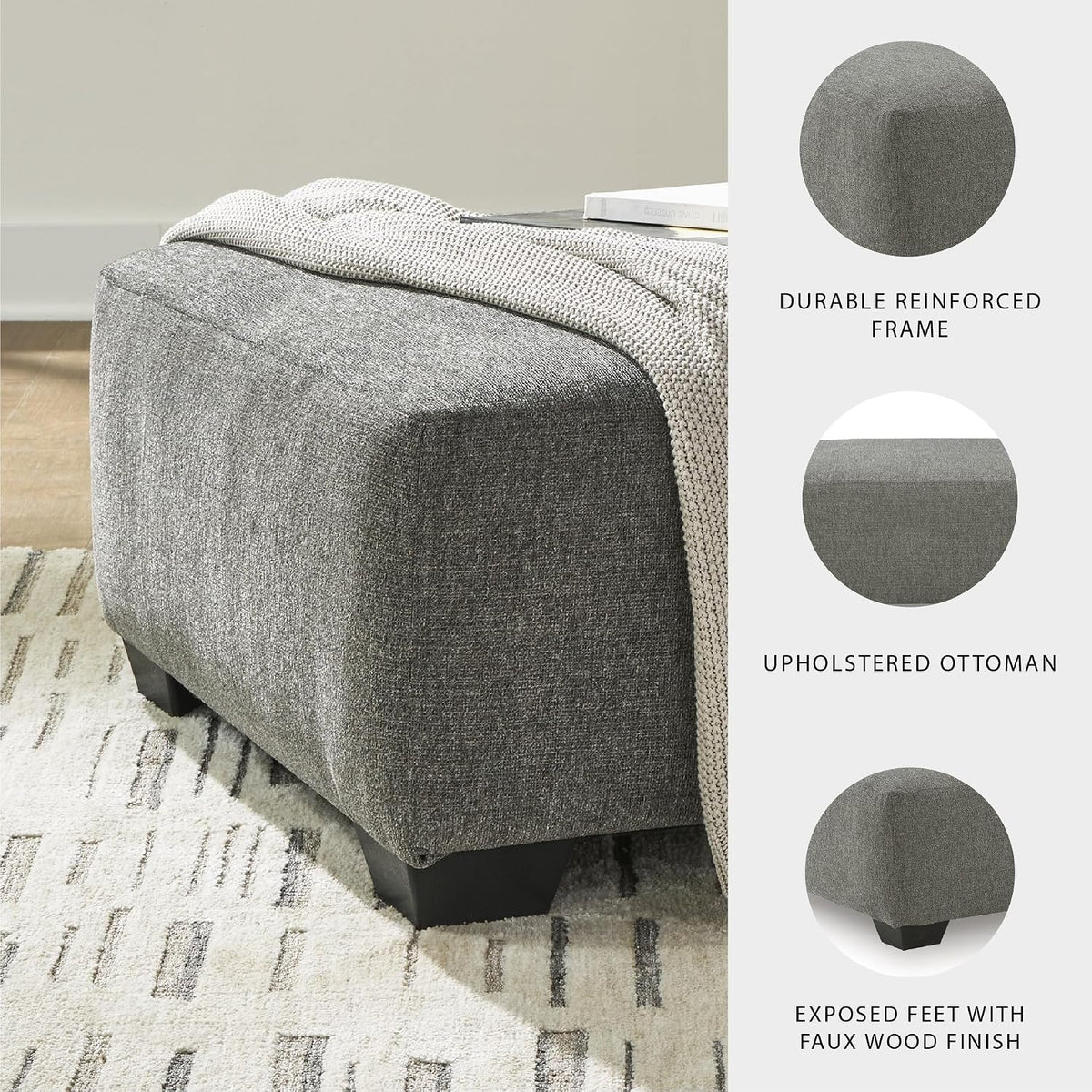 Signature Design by Ashley Oversized Accent Ottoman, Square Gray, Revenna | Greystone 100% polyester chenille, Faux wood finish legs, Firmly cushioned, No internal storage, Engineered wood frame