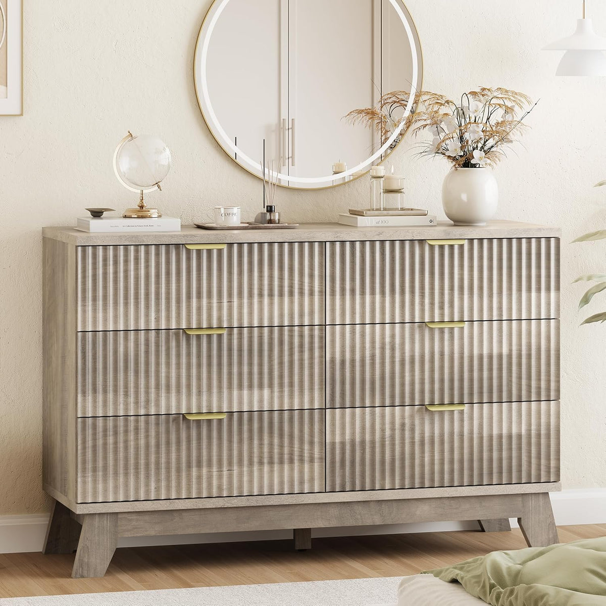 Xixini Fluted Dresser for Bedroom with 9 Drawers, 57" Wide Modern Chest of Drawers with Metal Handle, Wooden Dresser TV Stand, Wood Closet Clothes Storage Organizer for Living Room, Hallway, Walnut