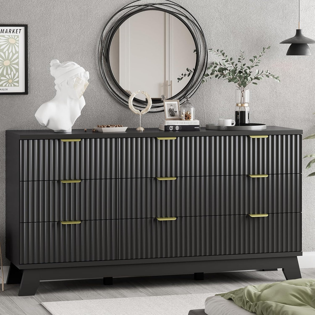 Xixini Fluted Dresser for Bedroom with 9 Drawers, 57" Wide Modern Chest of Drawers with Metal Handle, Wooden Dresser TV Stand, Wood Closet Clothes Storage Organizer for Living Room, Hallway, Walnut