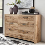 Signature Design by Ashley 6 Drawer Dresser for Bedroom, Golden Oak | 5-minute quick assembly, Contemporary tan brown finish, Durable engineered wood, Hyanna Series