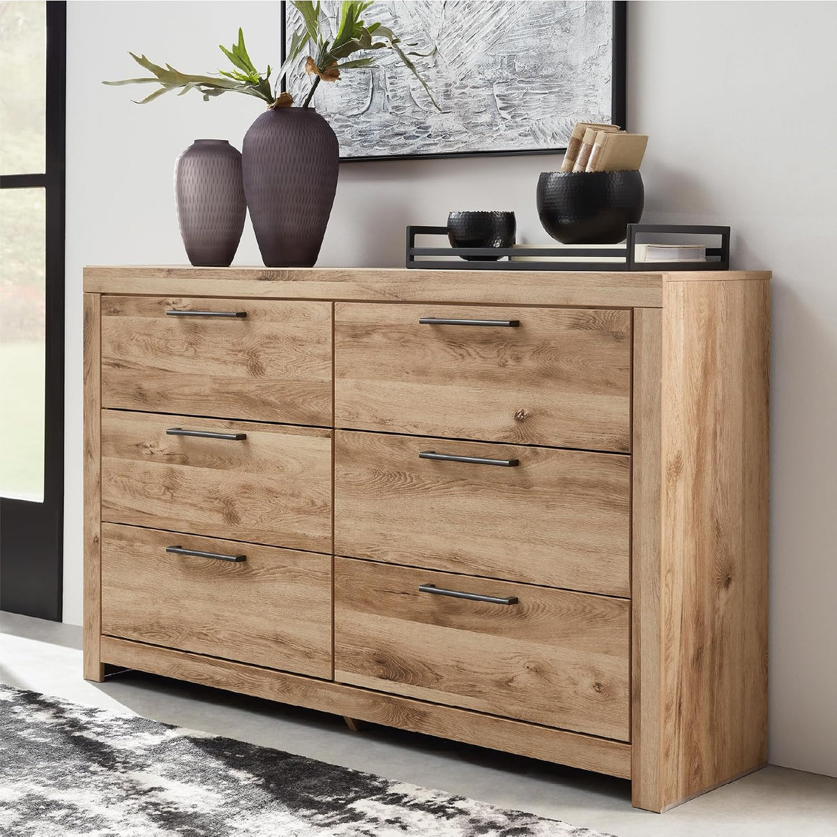 Signature Design by Ashley 6 Drawer Dresser for Bedroom, Golden Oak | 5-minute quick assembly, Contemporary tan brown finish, Durable engineered wood, Hyanna Series