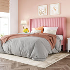 Allewie Queen Size Velvet Bed Frame/Vertical Channel Tufted Wingback Headboard/Upholstered Platform Bed/Strong Wooden Slats/No Box Spring Needed/Easy Assembly/Pink