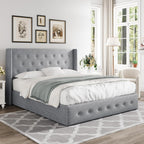 Allewie Queen Size Lift Up Storage Button-Tufted Bed Frame Light Grey