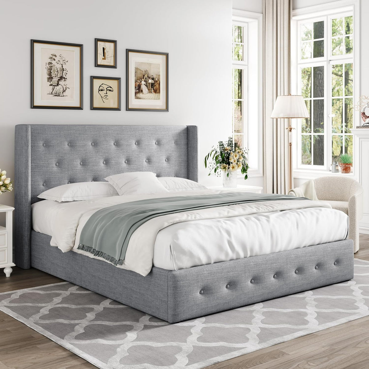 Allewie Queen Size Lift Up Storage Button-Tufted Bed Frame Light Grey