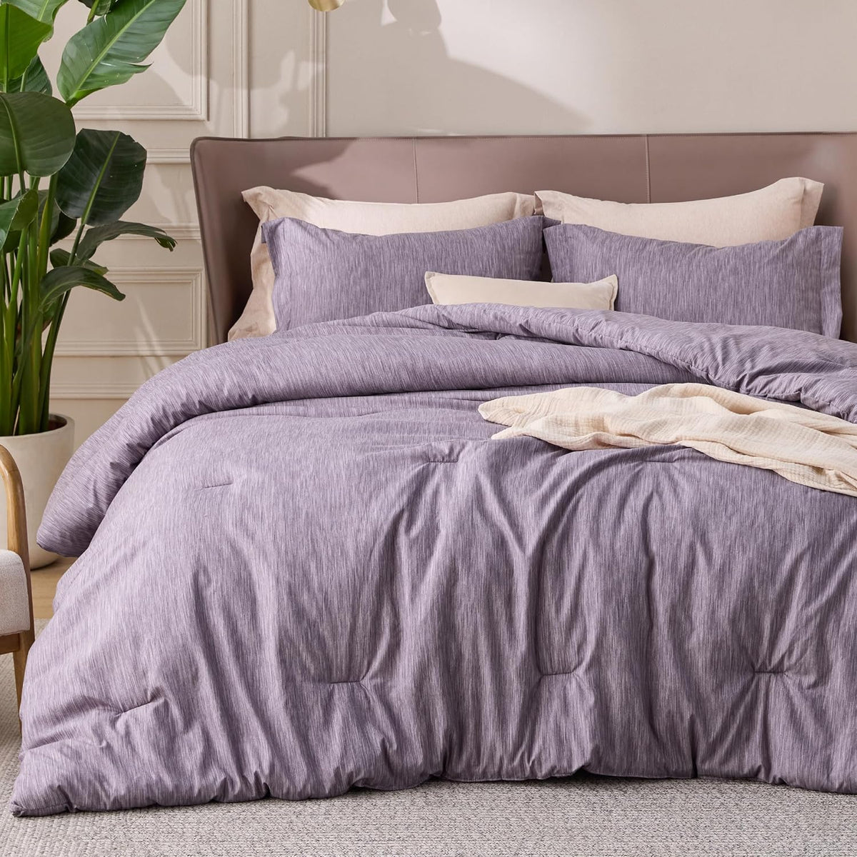 Bedsure Queen Size Comforter Sets, Beige Cationic Dyed Bedding Set 3 Pcs