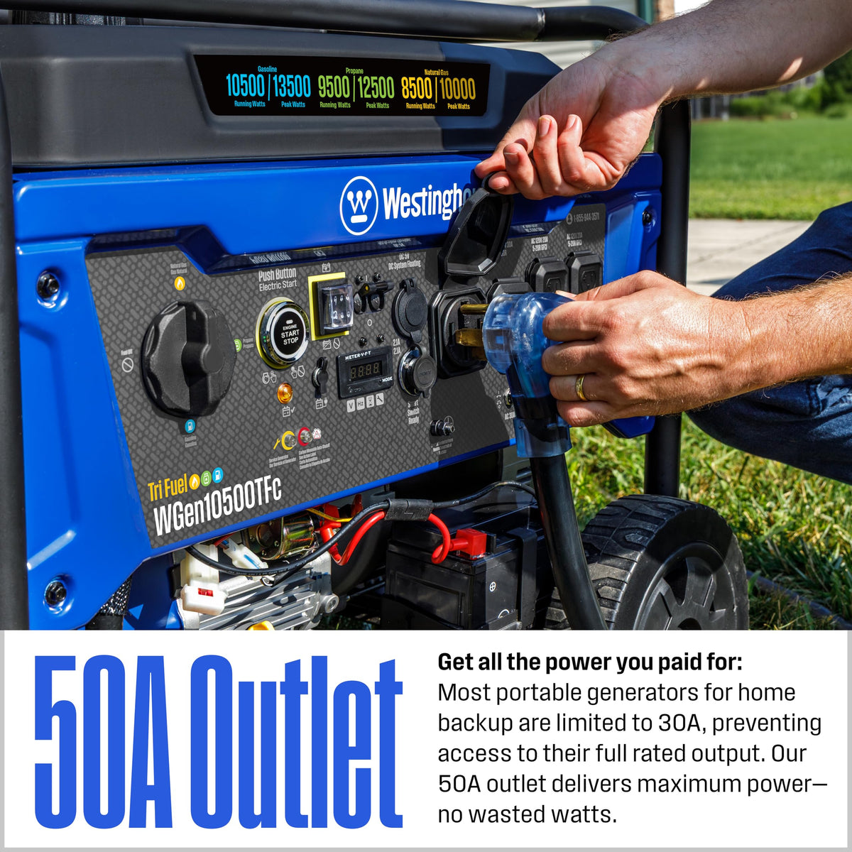 Westinghouse 14500 Peak Watt Tri-Fuel Home Backup Portable Generator, Remote Electric Start, Transfer Switch Ready, Gas, Propane, and Natural Gas Powered