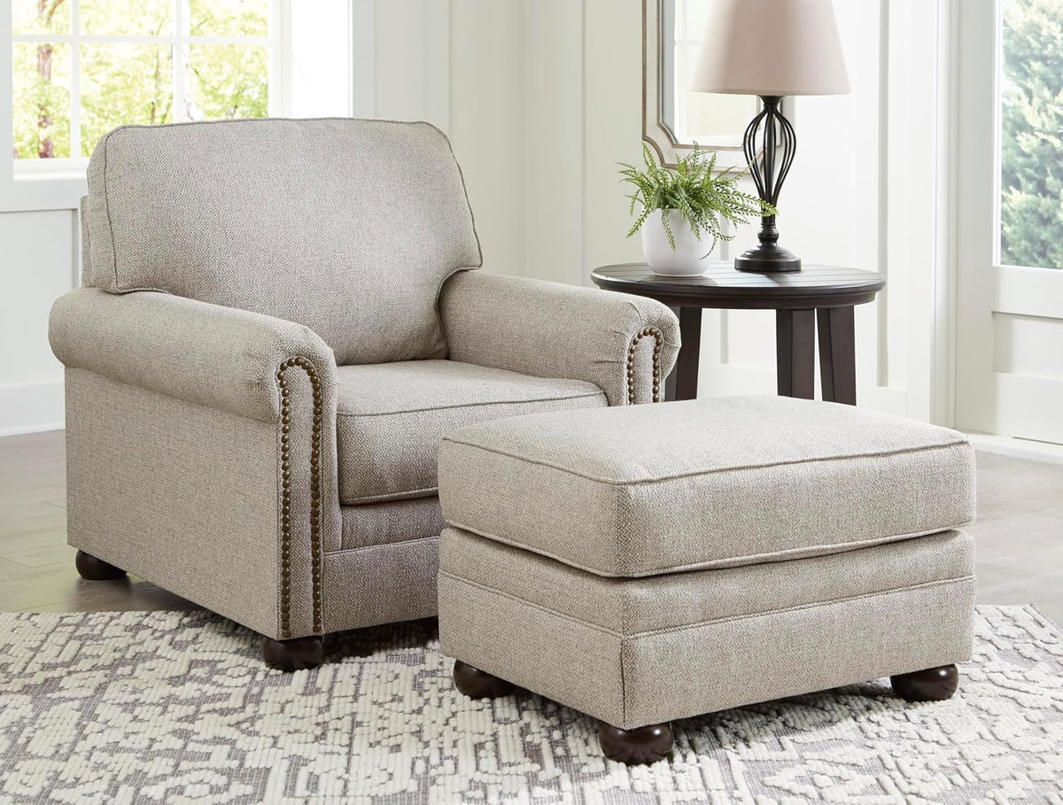 Signature Design by Ashley Gaelon Accent Chair, Dune Beige Chenille Fabric | Soft textured herringbone pattern, Sag-resistant platform foundation for even support, Traditional nailhead trim