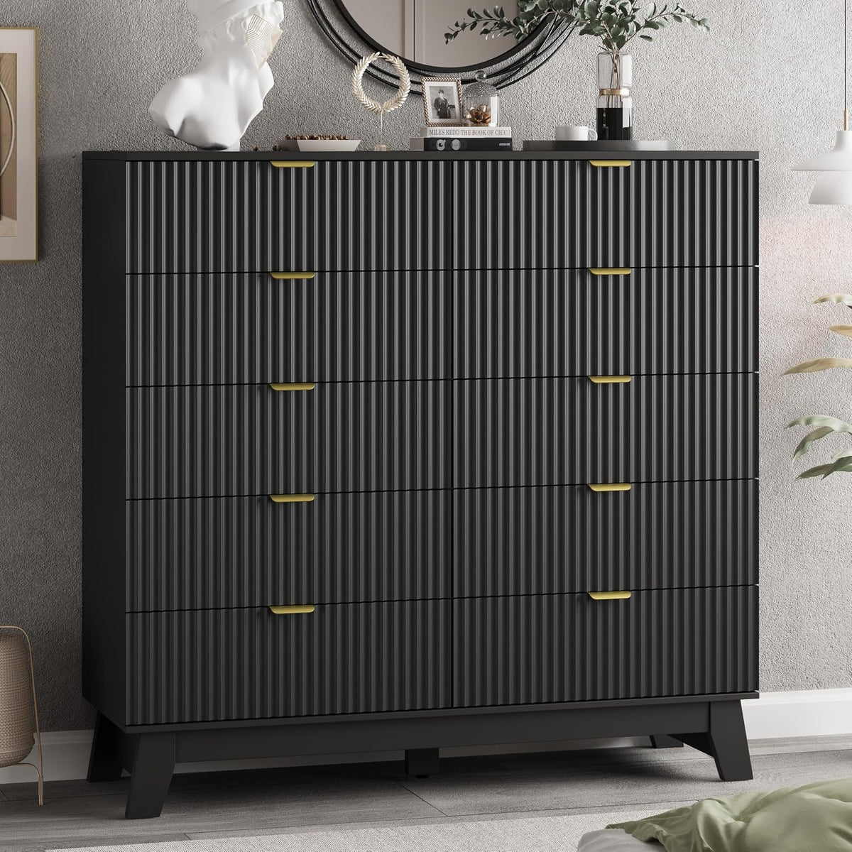 Xixini Fluted Dresser for Bedroom with 9 Drawers, 57" Wide Modern Chest of Drawers with Metal Handle, Wooden Dresser TV Stand, Wood Closet Clothes Storage Organizer for Living Room, Hallway, Walnut