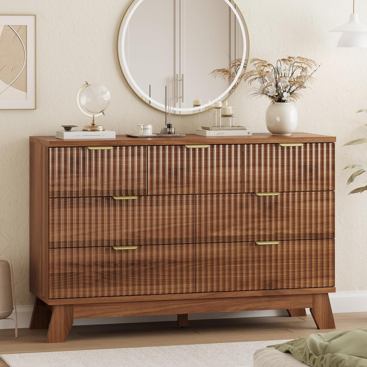 Xixini Fluted Dresser for Bedroom with 9 Drawers, 57" Wide Modern Chest of Drawers with Metal Handle, Wooden Dresser TV Stand, Wood Closet Clothes Storage Organizer for Living Room, Hallway, Walnut