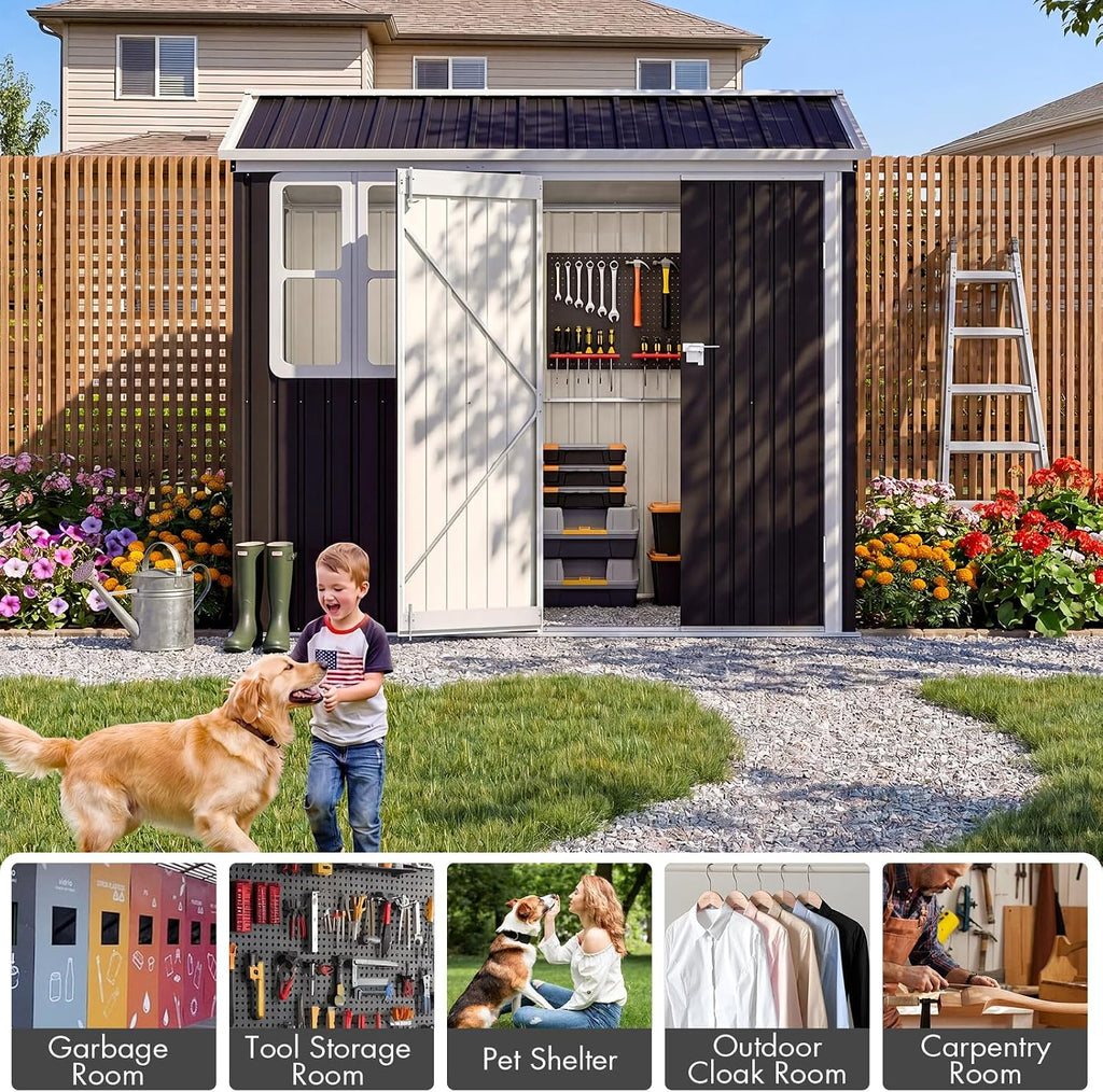 8.5 * 5.5 FT Metal Shed Garden Storage, Garden Shed, Waterproof Galvanized Steel with Window, Outdoor Apex Roof Shed with Lockable Double Doors&Gloves for Patio, Garden, Backyard, Bike, Garbage Bin