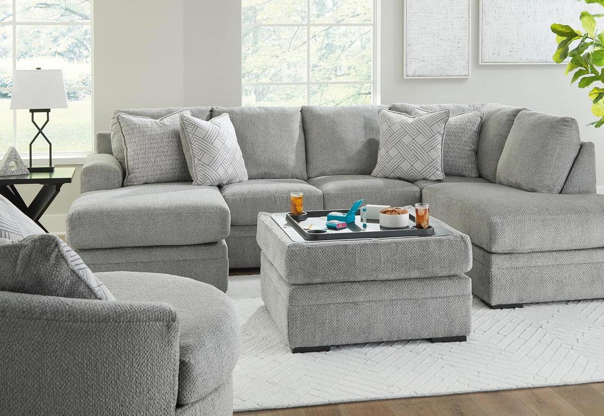 Signature Design by Ashley Square Ottoman with Storage and Cup Holders | Cement gray 100% polyester velvet, No assembly required, Faux wood legs, Casselbury Series