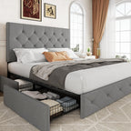 Allewie Queen Size Storage Bed Frame with 4 Underbed Drawers, Upholstered Platform Bed with Adjustable Headboard, Diamond Button Tufted, Easy Assembly, Noise-Free, No Box Spring Needed, Light Grey