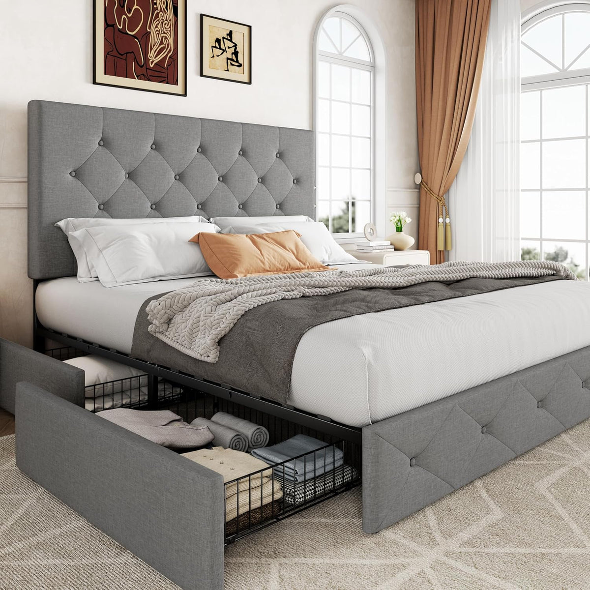 Allewie Queen Size Storage Bed Frame with 4 Underbed Drawers, Upholstered Platform Bed with Adjustable Headboard, Diamond Button Tufted, Easy Assembly, Noise-Free, No Box Spring Needed, Light Grey