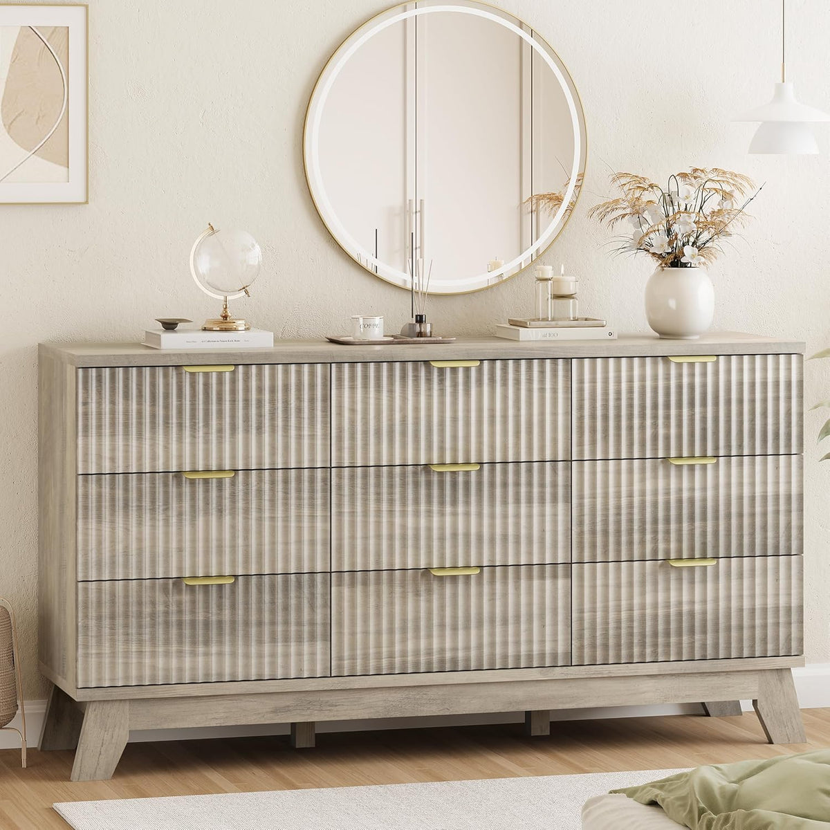 Xixini Fluted Dresser for Bedroom with 9 Drawers, 57" Wide Modern Chest of Drawers with Metal Handle, Wooden Dresser TV Stand, Wood Closet Clothes Storage Organizer for Living Room, Hallway, Walnut