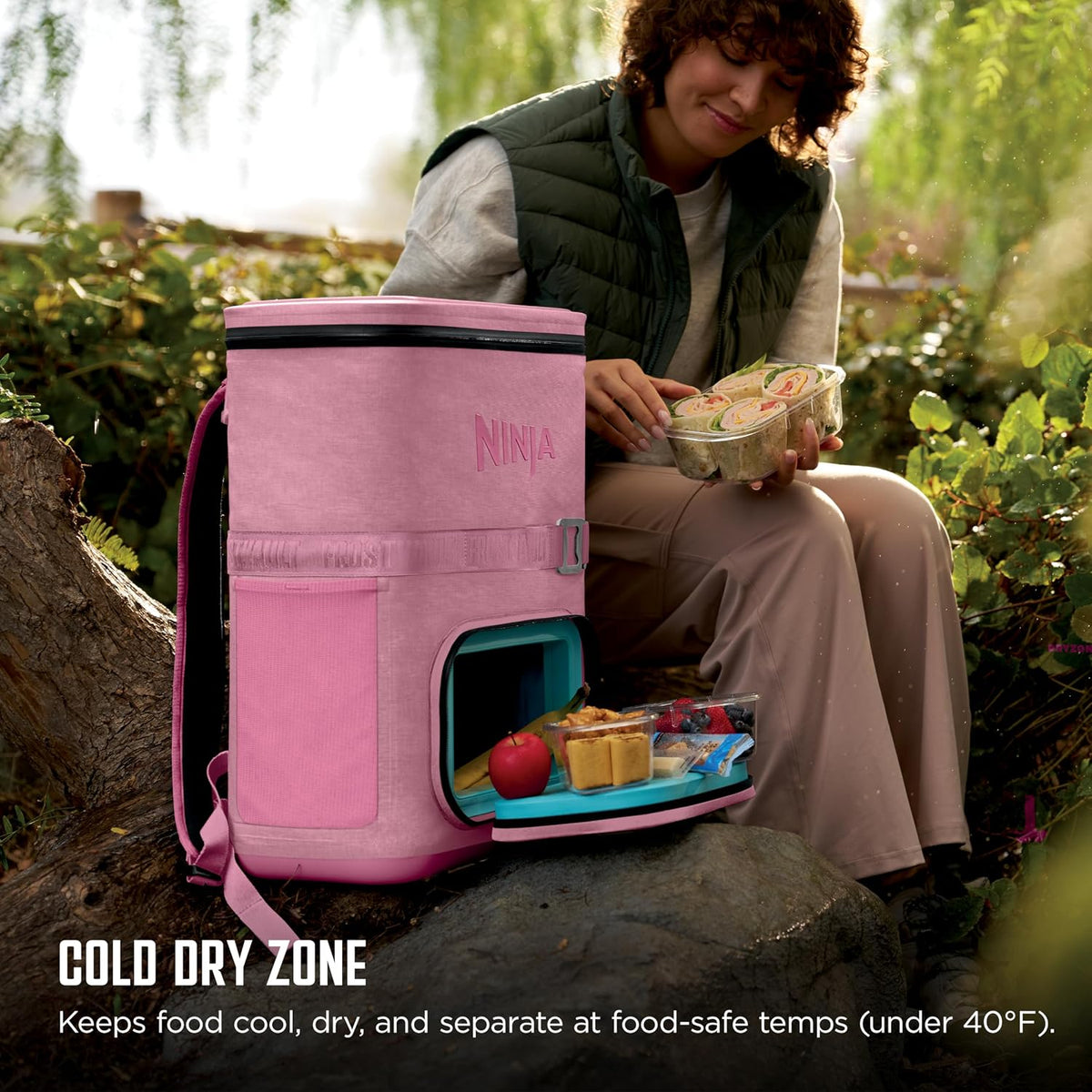 Ninja FrostVault™ Go Soft Backpack Cooler, Dry Storage, Petal Pink | Ninja FrostVault Go soft cooler, stays cool for hours with a leakproof, easy-access lid, and carries like a backpack