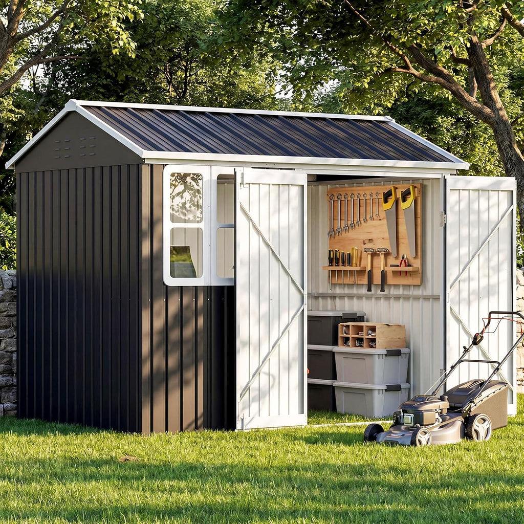 8.5 * 5.5 FT Metal Shed Garden Storage, Garden Shed, Waterproof Galvanized Steel with Window, Outdoor Apex Roof Shed with Lockable Double Doors&Gloves for Patio, Garden, Backyard, Bike, Garbage Bin