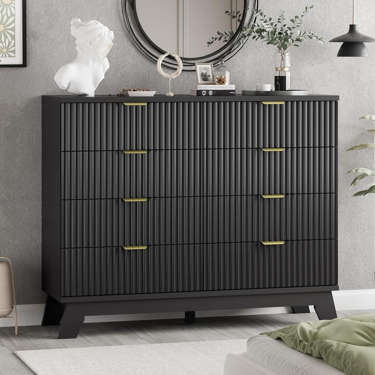 Xixini Fluted Dresser for Bedroom with 9 Drawers, 57" Wide Modern Chest of Drawers with Metal Handle, Wooden Dresser TV Stand, Wood Closet Clothes Storage Organizer for Living Room, Hallway, Walnut