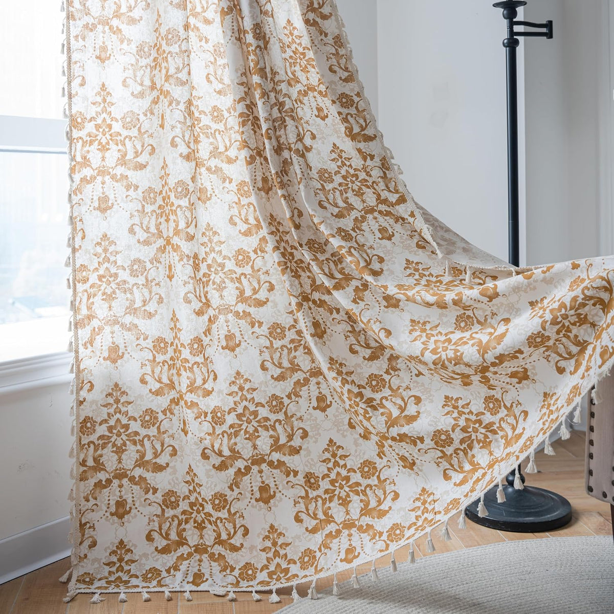 Sutuo Home Boho Curtain Crochet Lace Semi-Sheer Florals Hollow Knitted Handmade Tassels, Rod Pocket Window Treatment Vintage Rustic Farmhouse Drapes for Living Bedroom, 1 Panel 59" W x 84" L, Beige