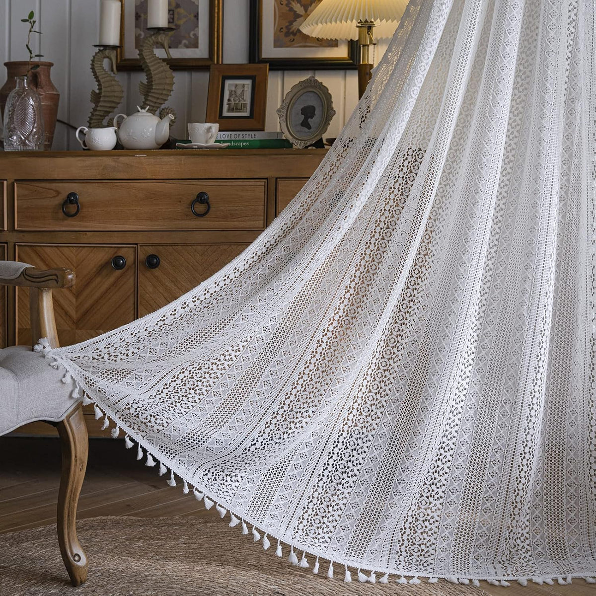 Sutuo Home Boho Curtain Crochet Lace Semi-Sheer Florals Hollow Knitted Handmade Tassels, Rod Pocket Window Treatment Vintage Rustic Farmhouse Drapes for Living Bedroom, 1 Panel 59" W x 84" L, Beige