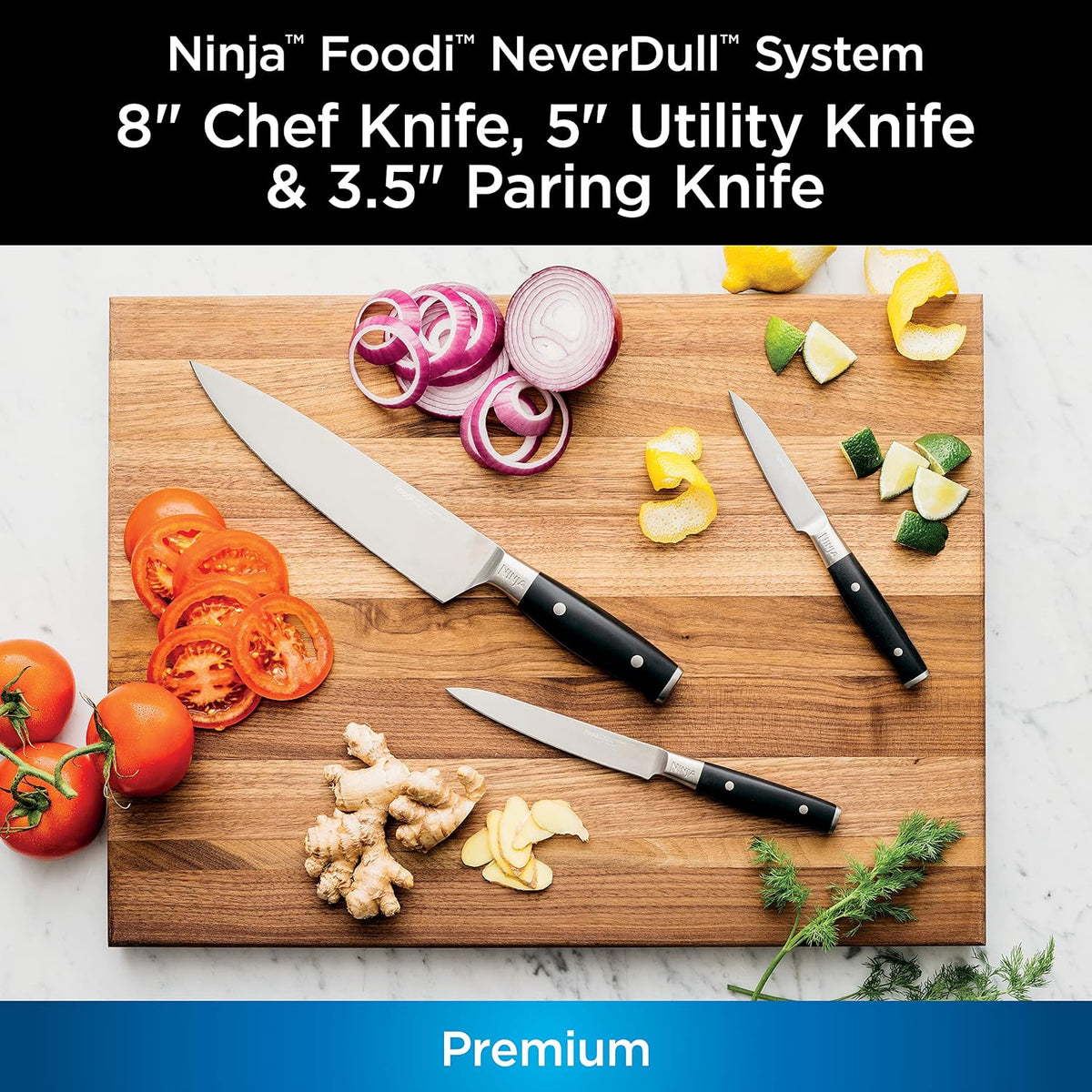 Ninja K32003 Foodi NeverDull System 3-Piece Chef Knife, Utility & Paring Set, Premium, German Stainless Steel, Black