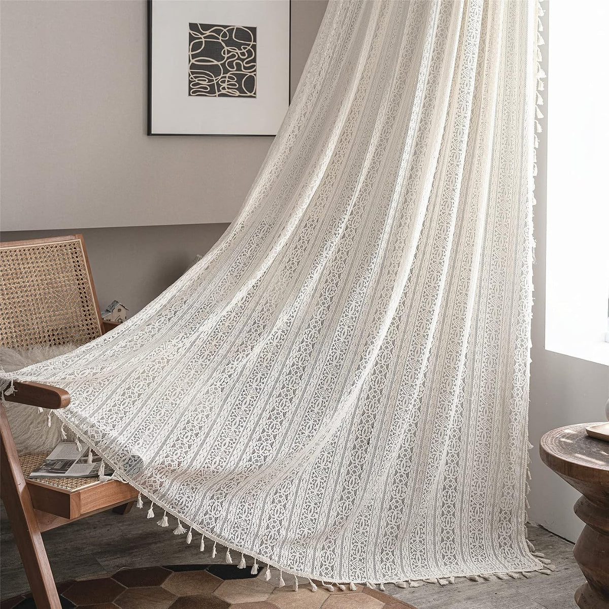 Sutuo Home Boho Curtain Crochet Lace Semi-Sheer Florals Hollow Knitted Handmade Tassels, Rod Pocket Window Treatment Vintage Rustic Farmhouse Drapes for Living Bedroom, 1 Panel 59" W x 84" L, Beige