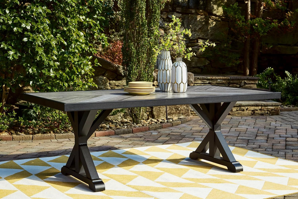 Signature Design by Ashley Beachcroft Outdoor Dining Table, Rust-Resistant Farmhouse Design with Porcelain Tabletop and Umbrella Hole, for Patio Entertaining, Black/Light Gray, 84-Inch