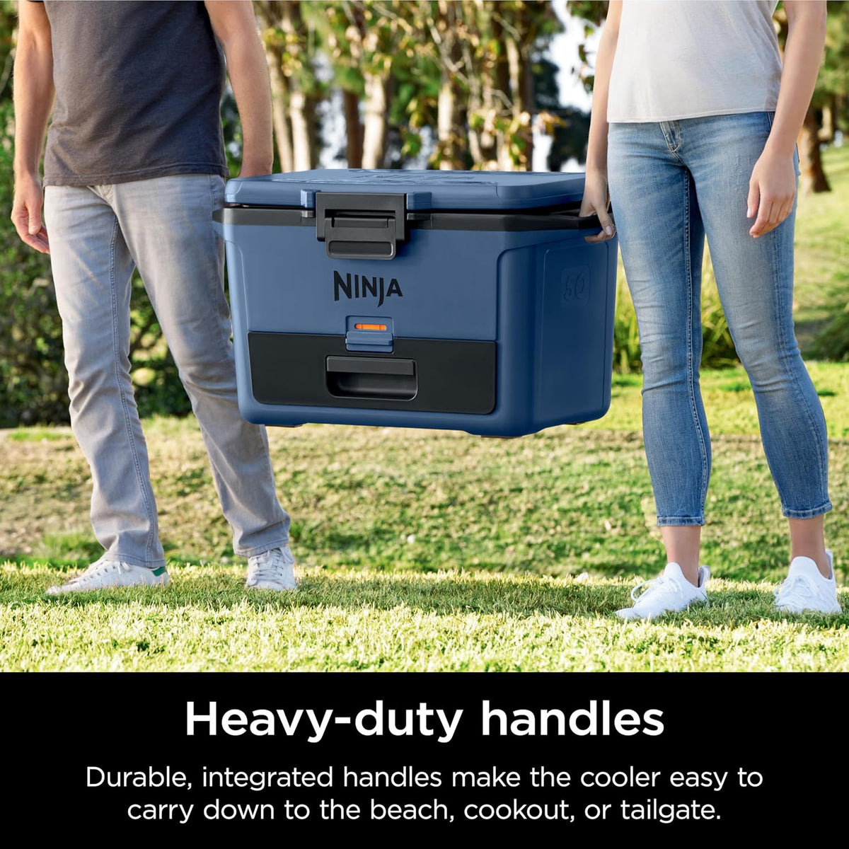 Ninja FrostVault 50qt Hard Cooler, Storage Drawer, Lakeshore Blue FB151BL | Ninja FrostVault keeps food cool, dry & separate under 40°F for days, with 50-qt capacity holding up to 80 cans