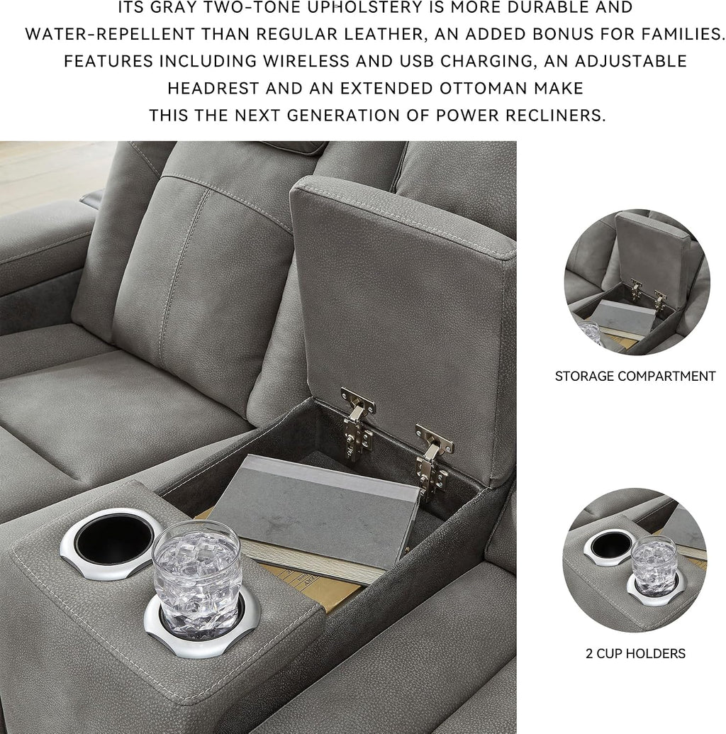 Signature Design by Ashley Power Reclining Loveseat with Console, Gray | Water-resistant faux leather, Zero-gravity recline, Easy View adjustable headrest, Wireless charging, Next-Gen Durapella