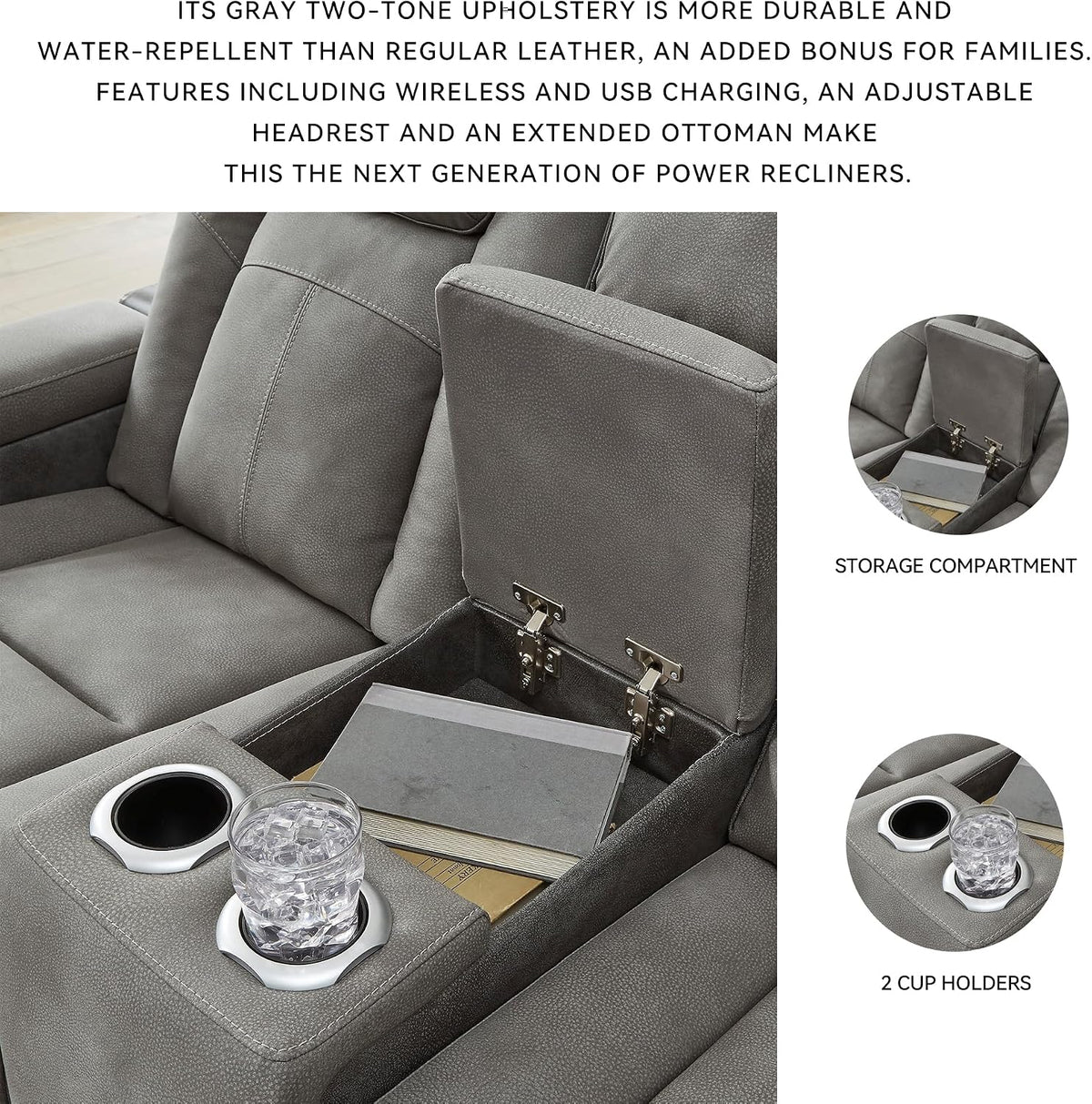 Signature Design by Ashley Power Reclining Loveseat with Console, Gray | Water-resistant faux leather, Zero-gravity recline, Easy View adjustable headrest, Wireless charging, Next-Gen Durapella