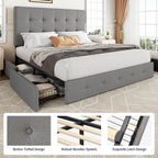 Allewie Queen Size Storage Bed Frame with 4 Underbed Drawers, Upholstered Platform Bed with Adjustable Headboard, Square Button Tufted, Easy Assembly, Noise-Free, No Box Spring Needed, Light Grey