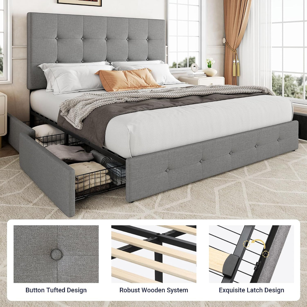 Allewie Queen Size Storage Bed Frame with 4 Underbed Drawers, Upholstered Platform Bed with Adjustable Headboard, Square Button Tufted, Easy Assembly, Noise-Free, No Box Spring Needed, Light Grey
