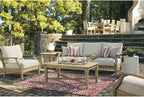 Signature Design by Ashley Clare View 1-Piece Eucalyptus Outdoor Sofa | Weather-shielded 5-step eucalyptus finish, Stain-resistant Nuvella fabric, Deep-seated 3-person frame with 4 accent pillows