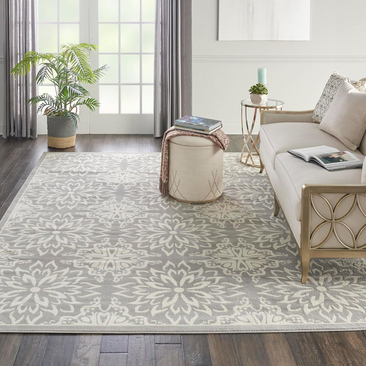 Nourison Home Jubilant Floral Ivory/Grey 7' x 10' Area-Rug, Easy-Cleaning, Non Shedding, Bed Room, Living Room, Dining Room, Kitchen (7x10)