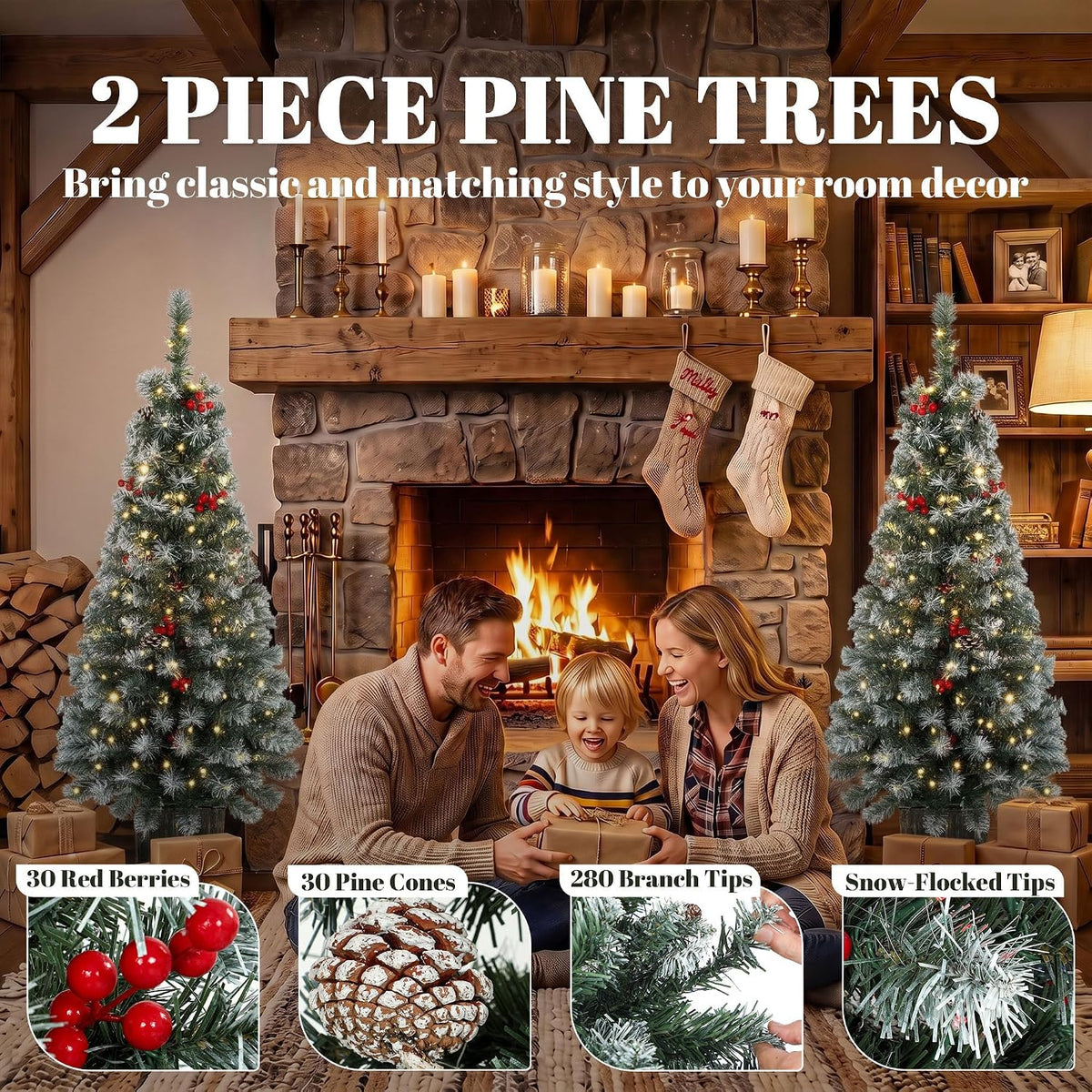HOMCOM 4ft Pre-Lit Slim Artificial Christmas Tree Set of 2, 100 LED Lights