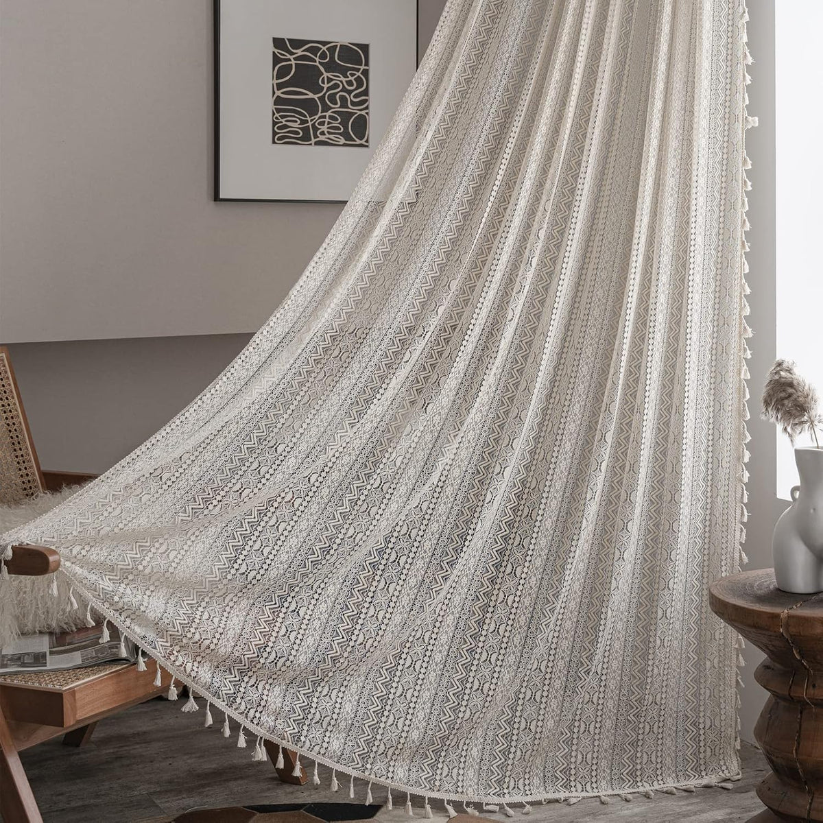 Sutuo Home Boho Curtain Crochet Lace Semi-Sheer Florals Hollow Knitted Handmade Tassels, Rod Pocket Window Treatment Vintage Rustic Farmhouse Drapes for Living Bedroom, 1 Panel 59" W x 84" L, Beige