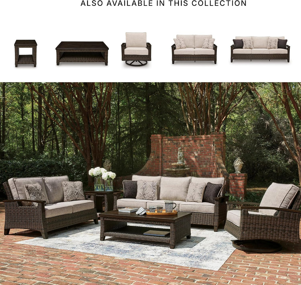 Signature Design by Ashley Drakes Beach 3-Seat Outdoor Sofa, Brown Wicker | Sturdy aluminum frame, Woven-look dark brown resin wicker, Bleach cleanable Nuvella fabric, 4 throw pillows included