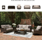 Signature Design by Ashley Drakes Beach 3-Seat Outdoor Sofa, Brown Wicker | Sturdy aluminum frame, Woven-look dark brown resin wicker, Bleach cleanable Nuvella fabric, 4 throw pillows included