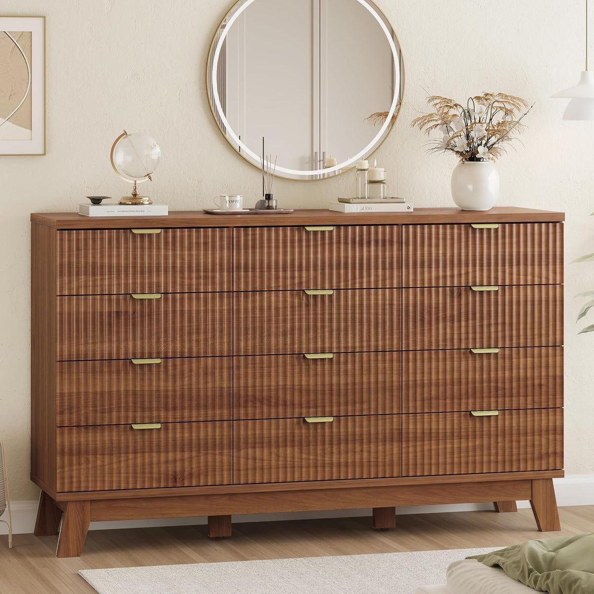 Xixini Fluted Dresser for Bedroom with 9 Drawers, 57" Wide Modern Chest of Drawers with Metal Handle, Wooden Dresser TV Stand, Wood Closet Clothes Storage Organizer for Living Room, Hallway, Walnut
