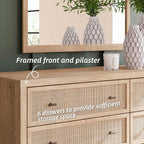 Signature Design by Ashley 6 Drawer Bedroom Dresser, Light Oak, Cielden | Textured beige faux cane fronts, Bronze knobs, Quick assembly, Contemporary coastal bedroom decor