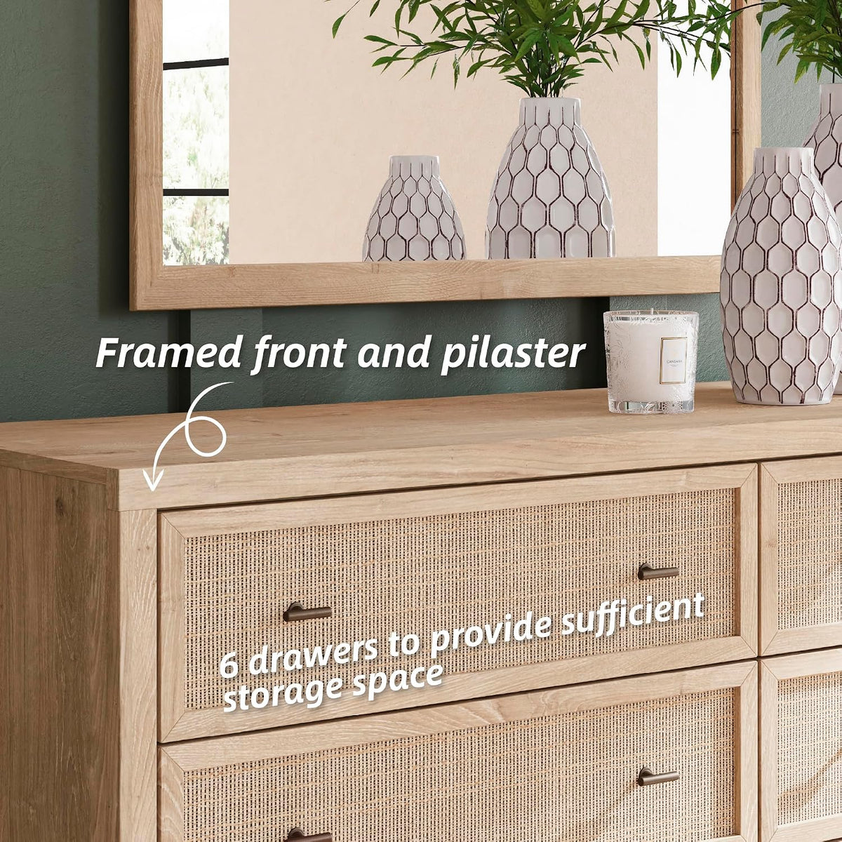 Signature Design by Ashley 6 Drawer Bedroom Dresser, Light Oak, Cielden | Textured beige faux cane fronts, Bronze knobs, Quick assembly, Contemporary coastal bedroom decor