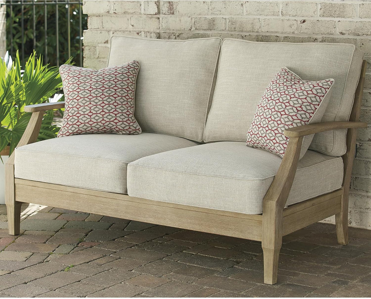 Signature Design by Ashley Clare View Outdoor Loveseat with Cushion, Beige | Eucalyptus wood frame, 5-step protective coating, Nuvella performance fabric, Compact balcony furniture, 2 throw pillows