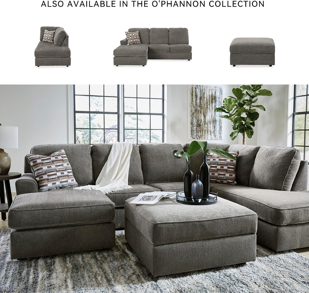 Signature Design by Ashley Putty Grey Ottoman with Storage | Square storage ottoman with reversible tray top and built-in cup holders, Putty grey herringbone chenille, O'Phannon Series